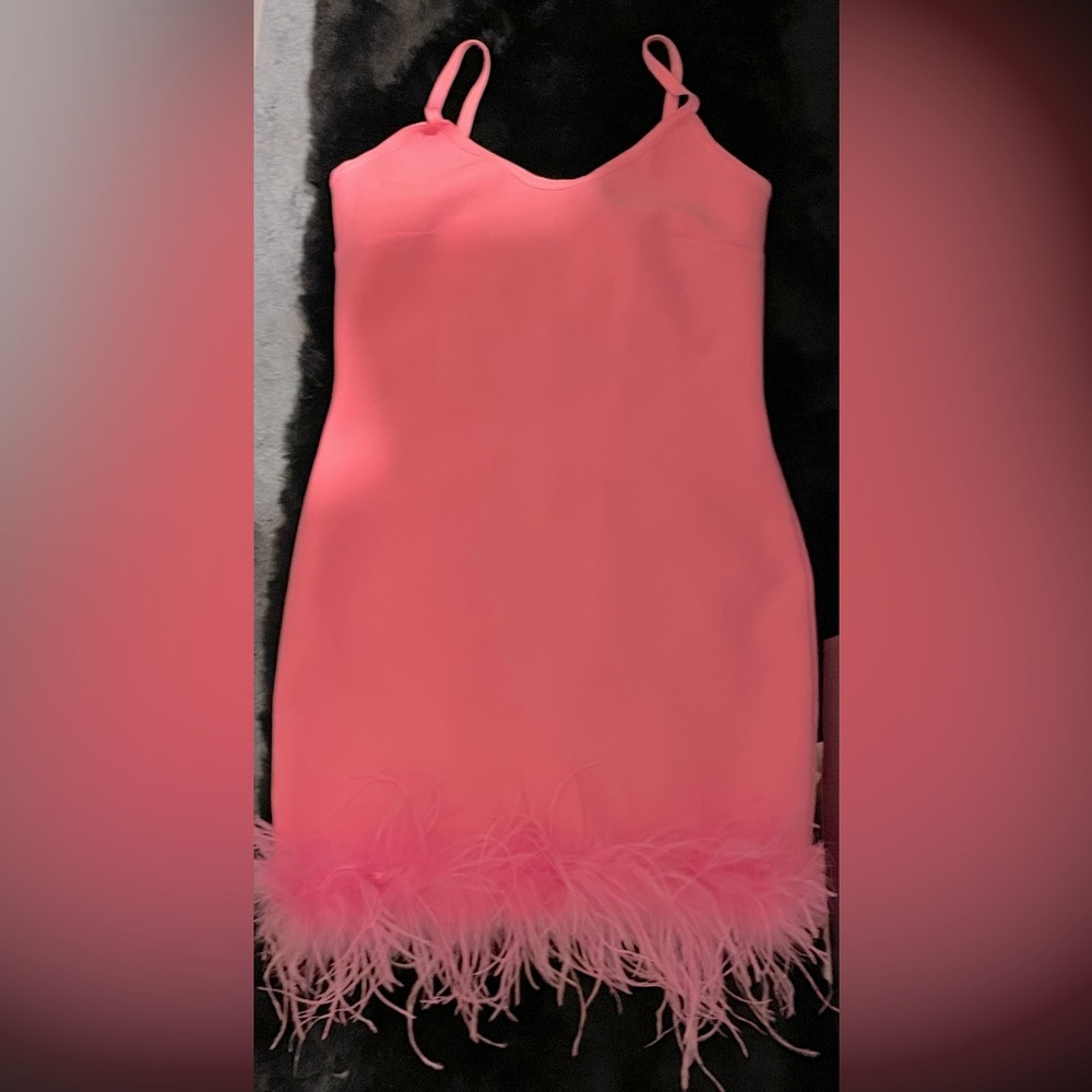 Fashion Nova bubblegum pink, bodycon dress with marabou feathers.